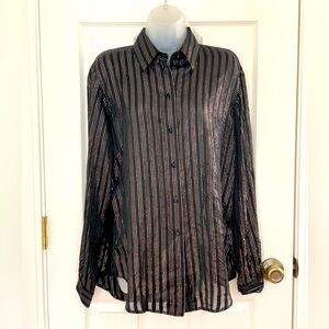 Ishyu Brand Metallic Silver & Black silk blouse  Size M/L/XL Sheer Striped.